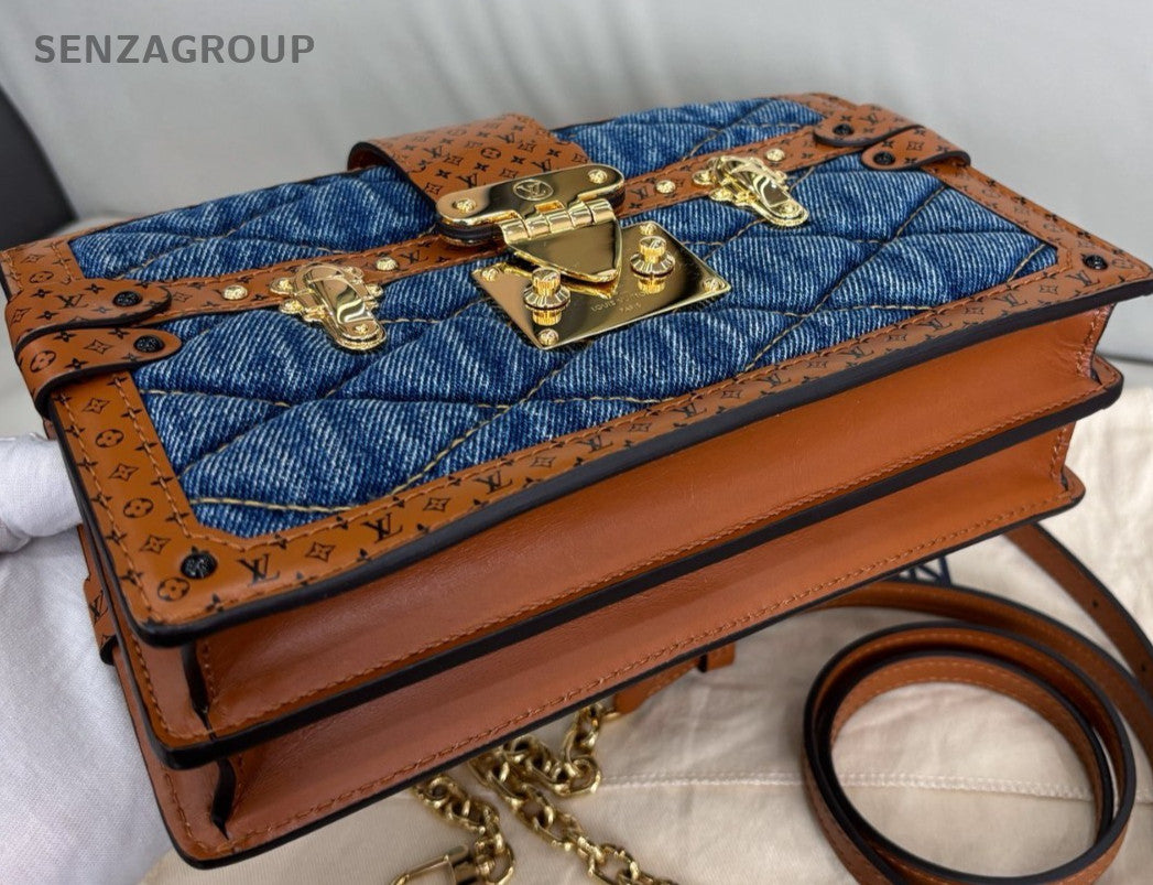 Louis Vuitton Trunk Clutch Chain Shoulder Bag Blue Gold Women Classic Fashion