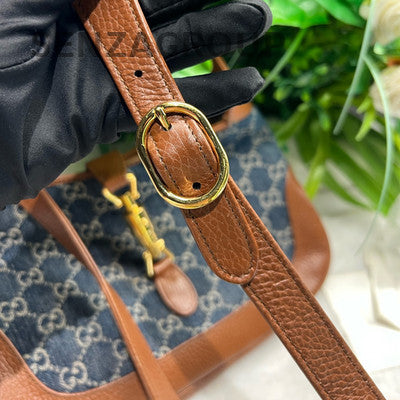 Gucci Denim Shoulder Bag Blue Brown Gold Buckle Classic GG Monogram