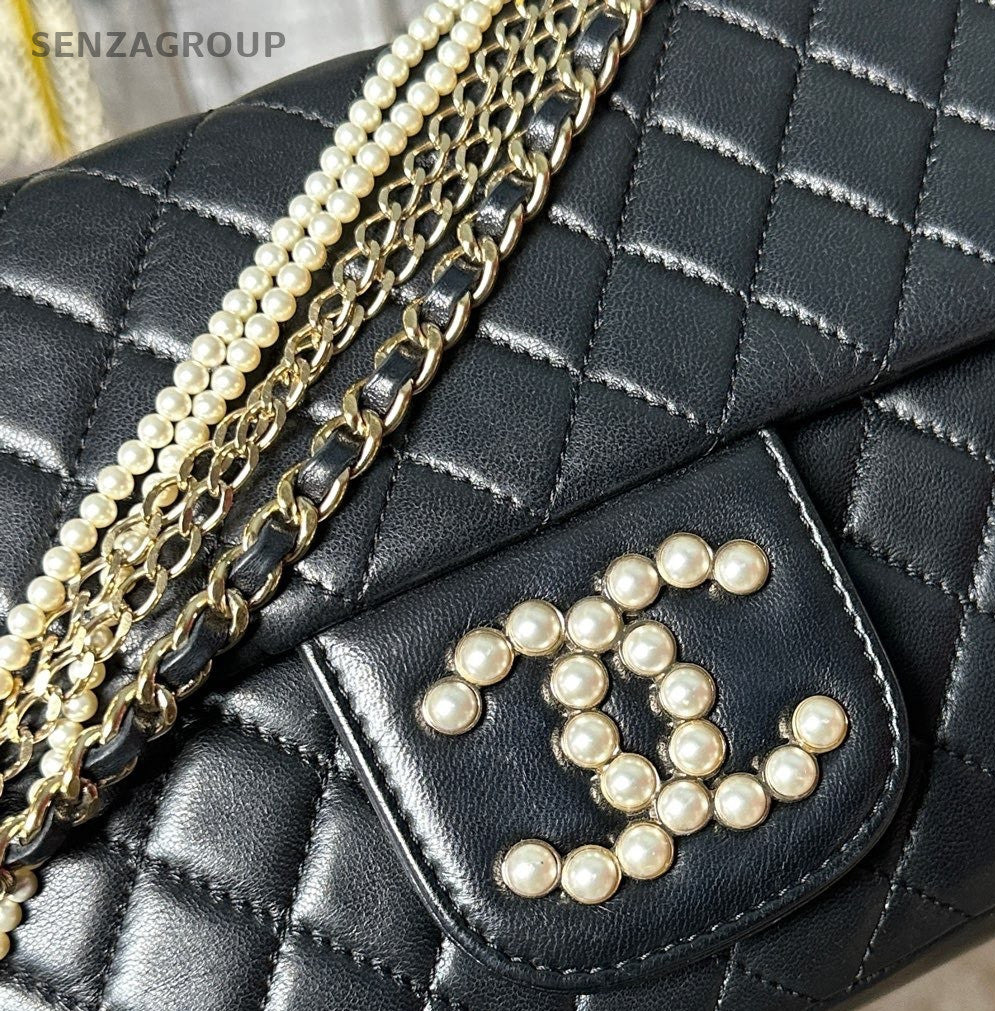 Chanel Classic Flap Lambskin Pearl Chain Shoulder Bag Black Gold Diamond Women