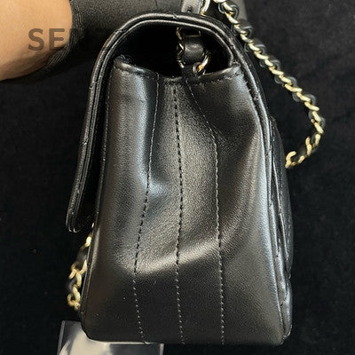 Chanel V-Stitch Square Mini Flap Bag Black Gold Chain Shoulder Crossbody