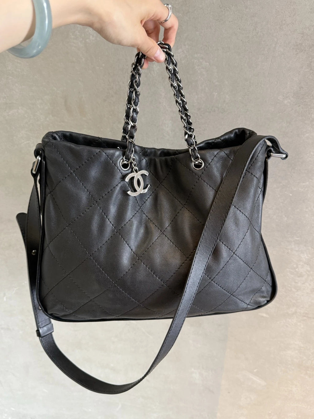 Authentic Chanel Tote Chain Top Handle Shoulder Bag Black Silver Hardware
