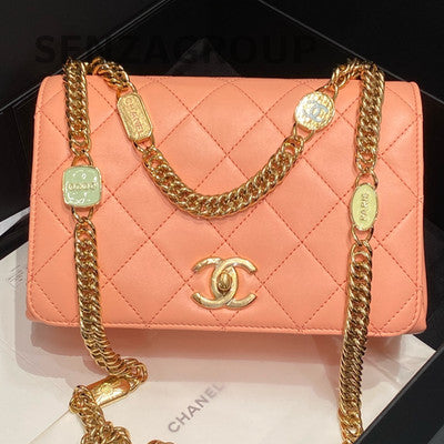 Chanel Gold Coin Logo Chain Shoulder Bag Pink Gold Hardware