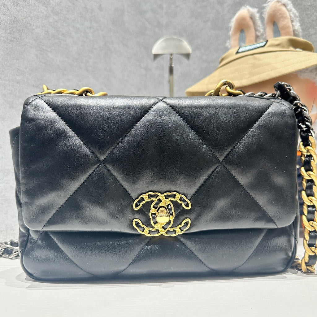 Chanel 19 Small Black Gold Chain Shoulder Crossbody Bag Quilted Classic