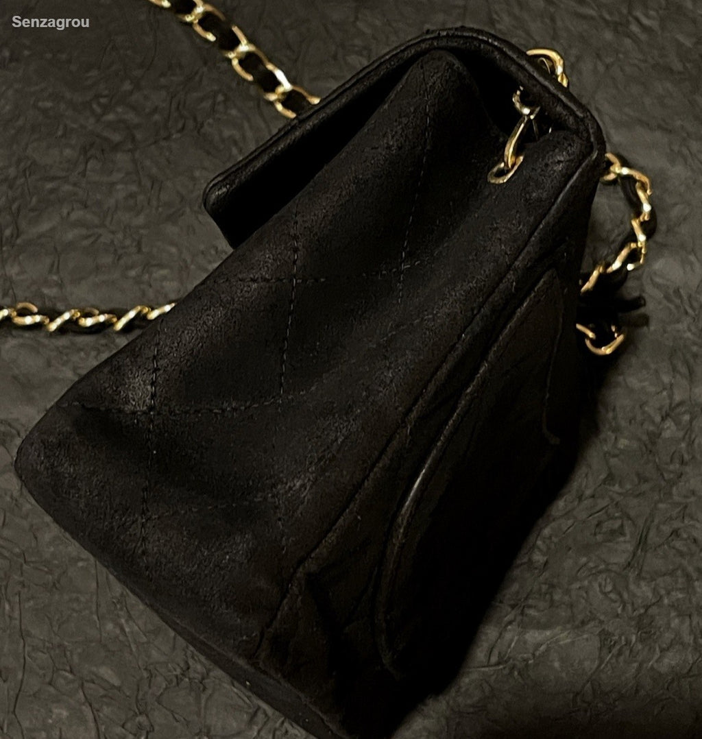 Chanel Classic Flap Suede Chain Shoulder Bag Crossbody Black Gold Women Vintage