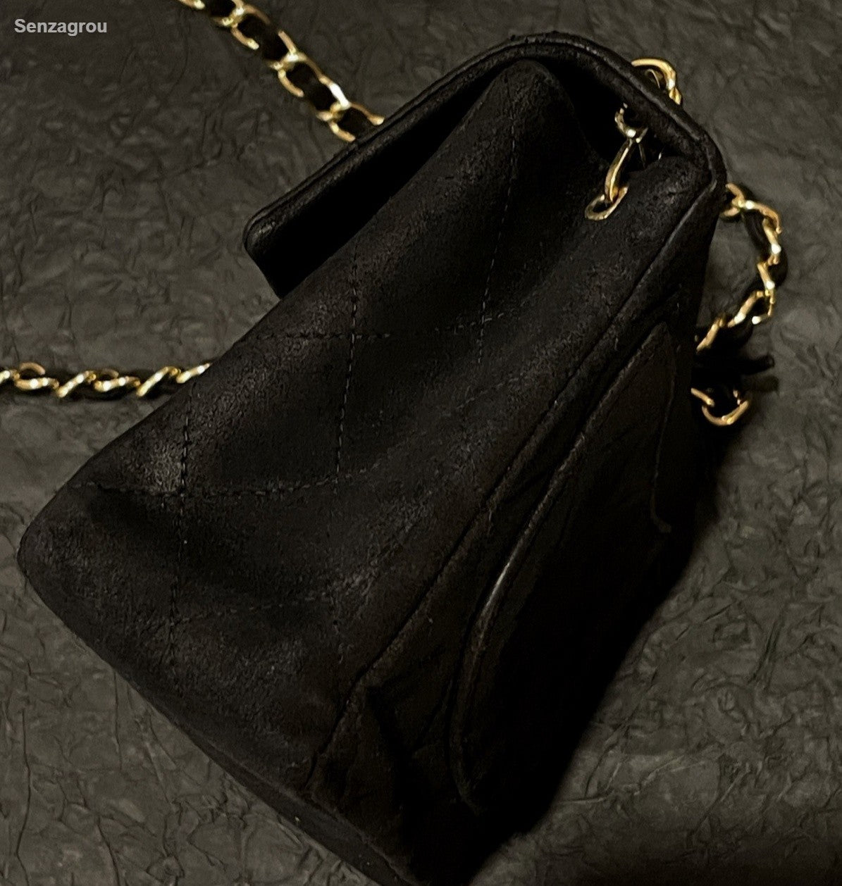 Chanel Classic Flap Suede Chain Shoulder Bag Crossbody Black Gold Women Vintage