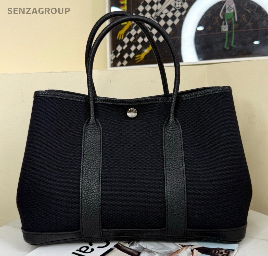 Hermes Garden Party30 Top Handle Bag Black Silver Used Women Classic Fashion