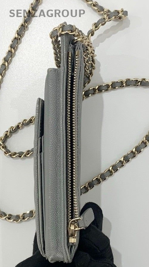 Chanel Calfskin Chain Shoulder Bag Crossbody Gray Gold Diamond Women Classic