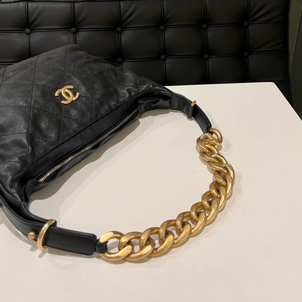 Chanel Black Gold Quilted Chain Hobo Shoulder Bag Classic Women