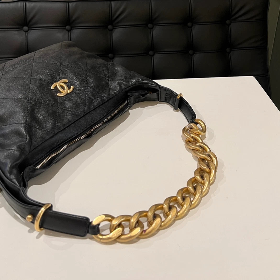 Chanel Black Gold Quilted Chain Hobo Shoulder Bag Classic Women