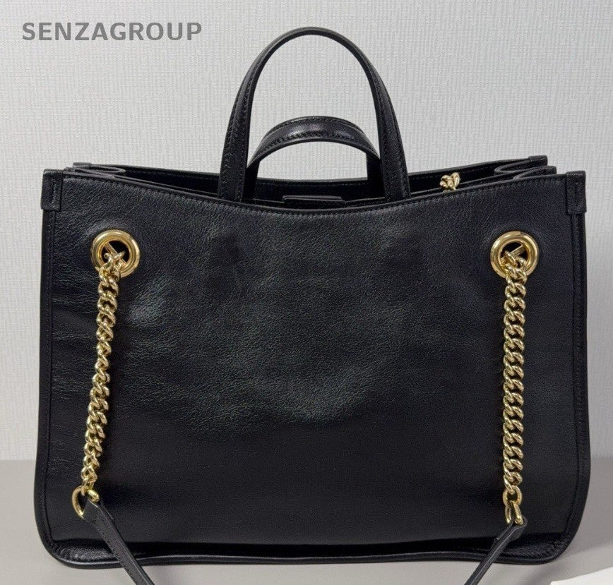 Gucci Tote Chain Handbag Shoulder Bag Black Gold Women Classic Fashion