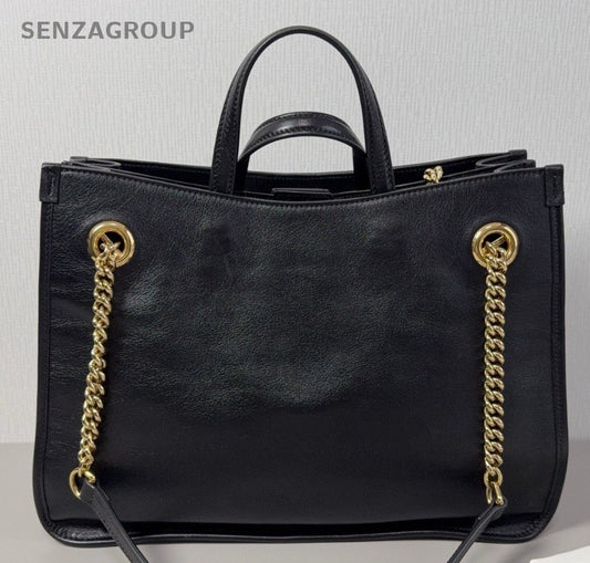 Gucci Tote Chain Handbag Shoulder Bag Black Gold Women Classic Fashion