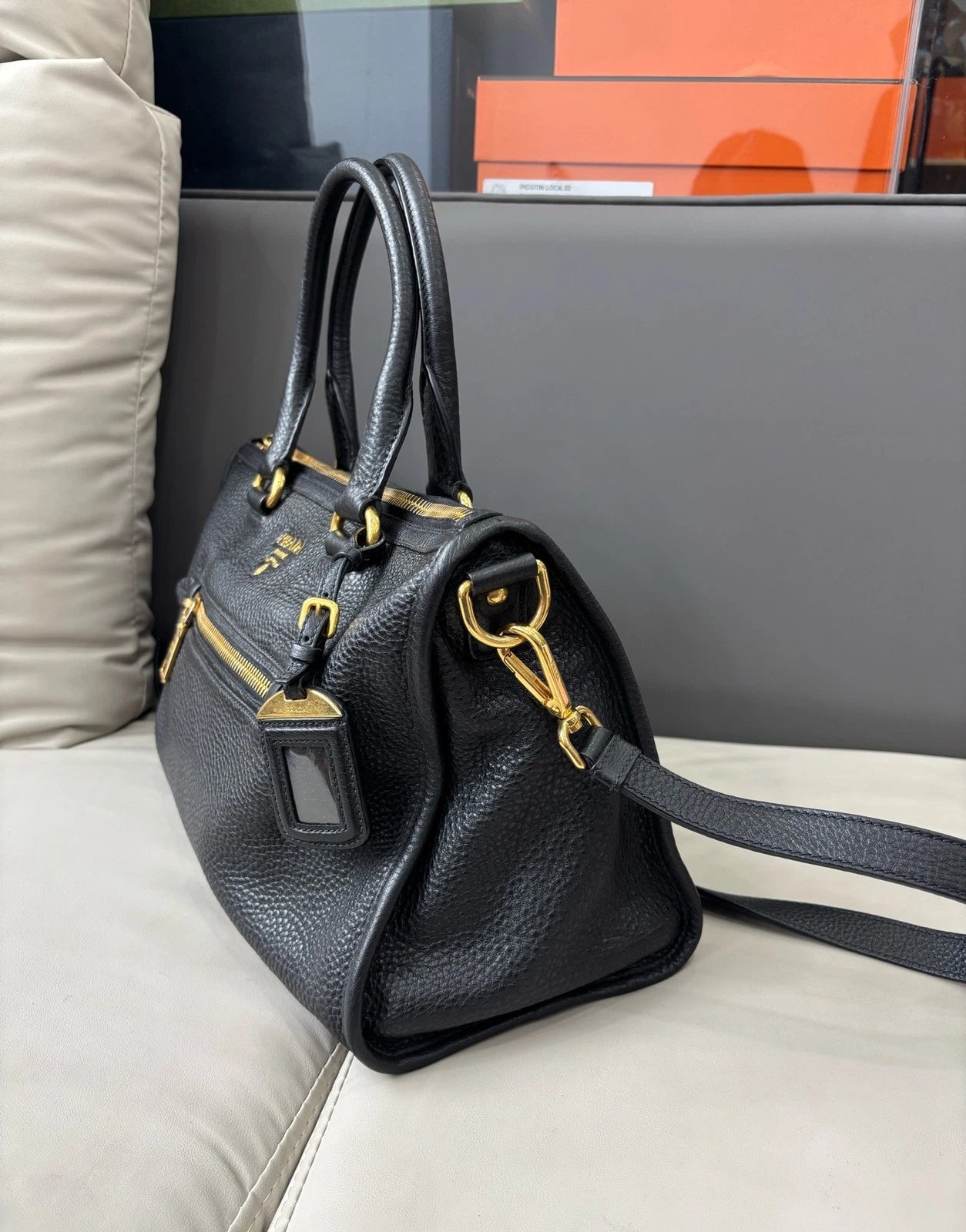 Prada Tote Black 2Ways Top Handle Shoulder Bag Gold Hardware Women Classic