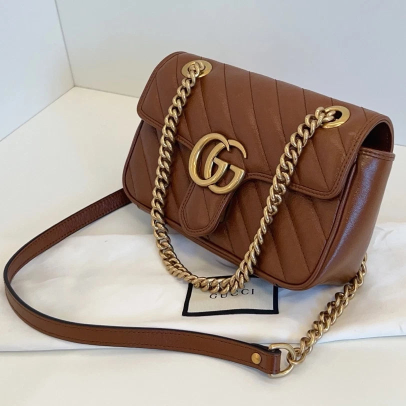Gucci Marmont 22 Chain Shoulder Crossbody Bag Brown Gold Hardware Women