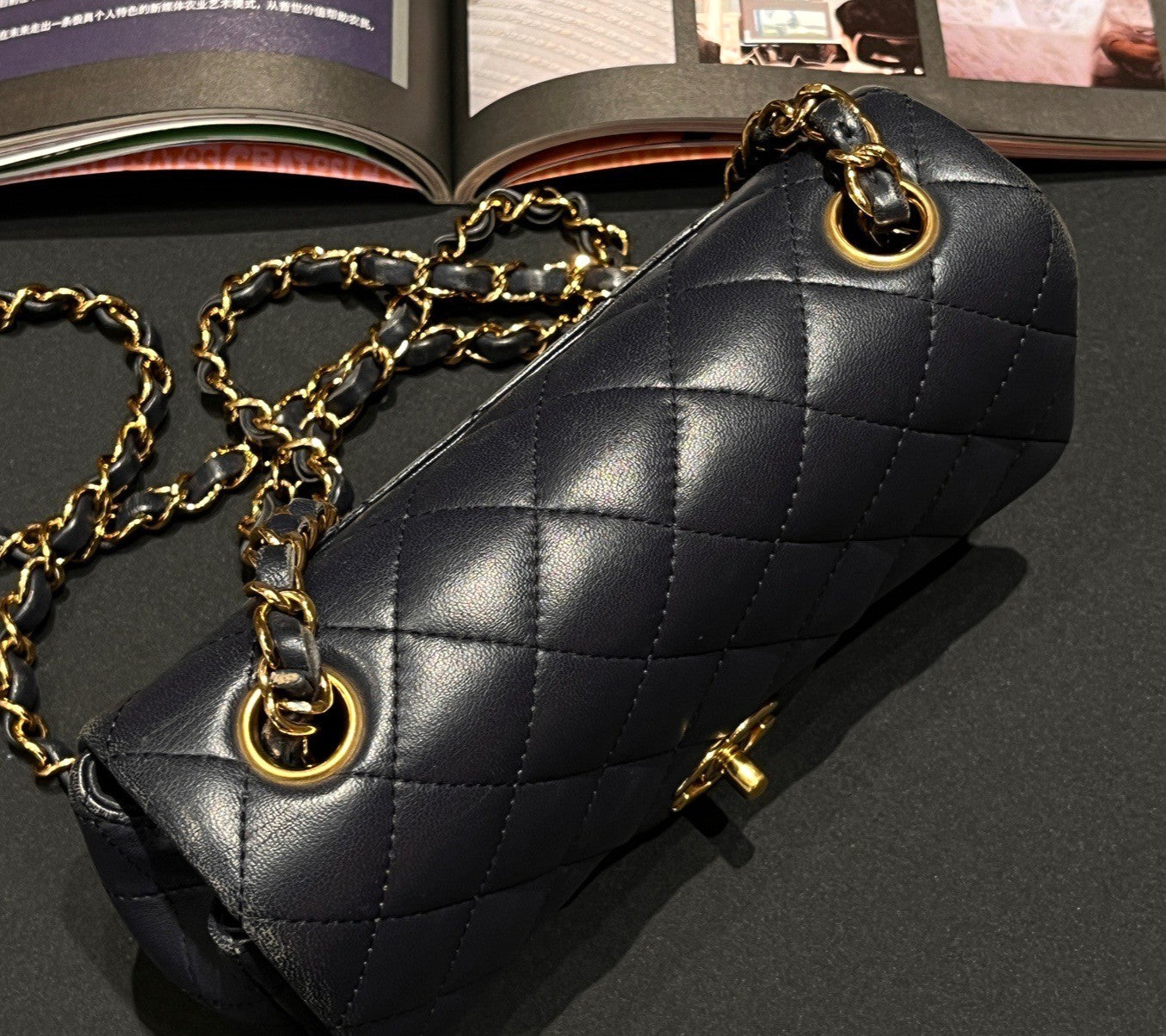 Chanel Classic Flap Mini Lambskin Chain Shoulder Bag Navy Gold Women Diamond