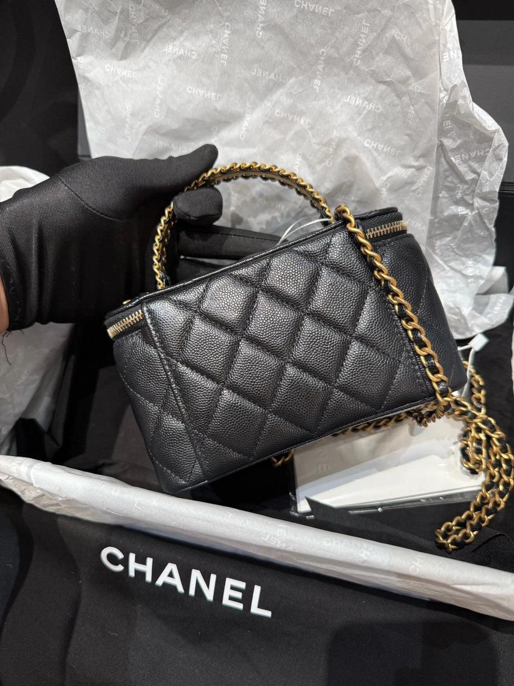 CHANEL Black Gold Caviar Calfskin Top Handle Box Bag For Women