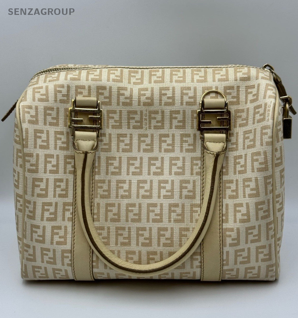 Fendi FF Boston Top Handle Bag Beige Gold Used Women Classic Fashion