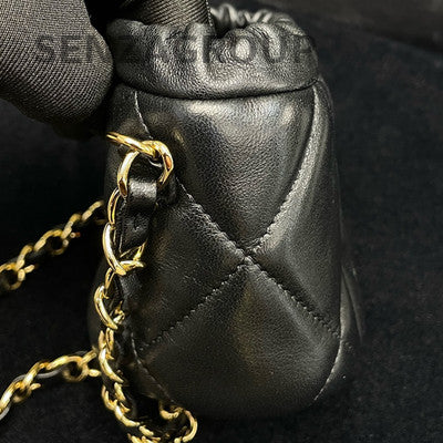 Chanel 21B Black Gold Mini Bucket Bag Lamb Leather Chain Crossbody
