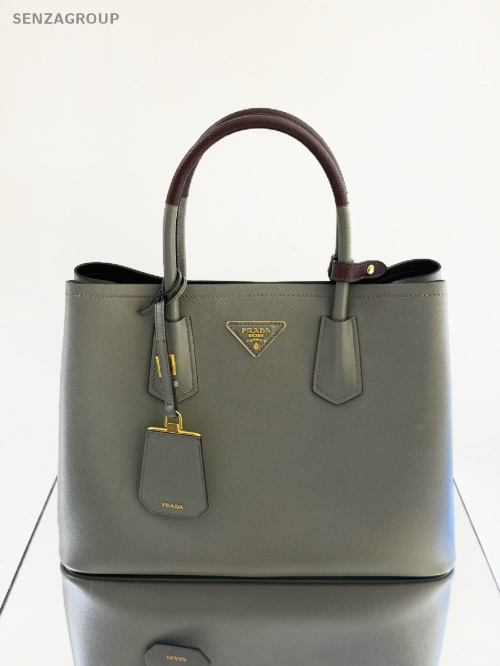 Prada Double Classic Cross-Grain Calfskin Top Handle Shoulder Crossbody Bag Gray