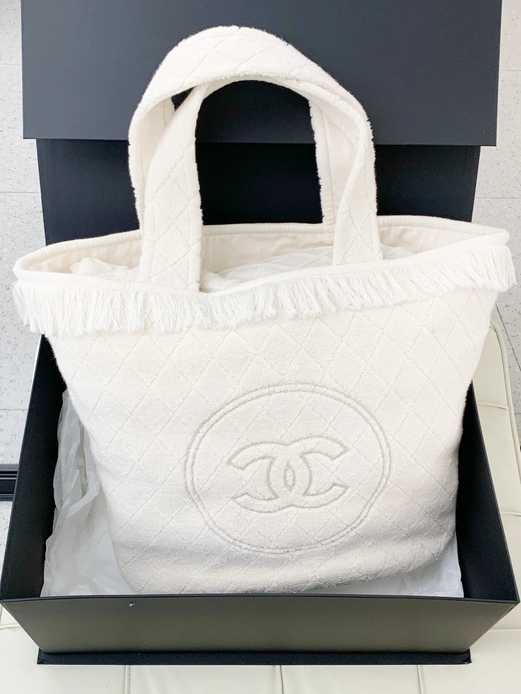 Chanel Coco Beach Tote Top Handle Shoulder Bag White Women Classic S