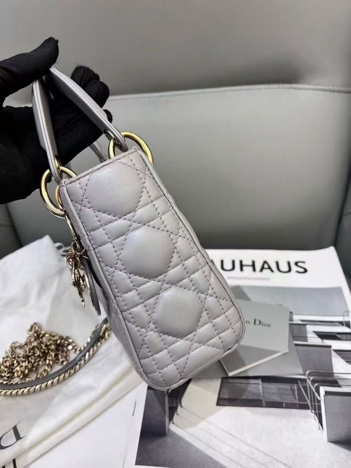 Christian Dior Lady Top Handle 2way Chain Shoulder Handbag Grey Women