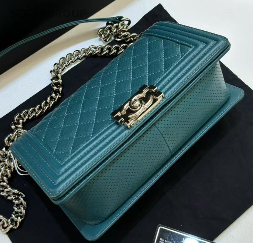 Chanel Leboy MM Chain Shoulder Bag Crossbody Green Silver Diamond Women Classic