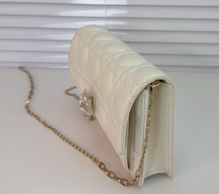 Christian Dior Woc Lambskin Wicker check pattern Chain Shoulder bag White Gold