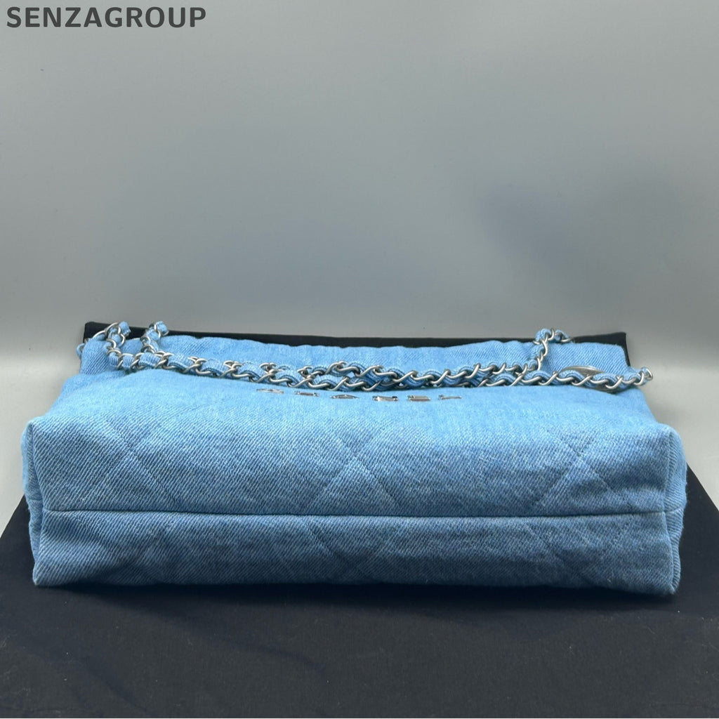 Chanel 22 Bag Denim Small Blue Silver Chain Crossbody Shoulder Bag