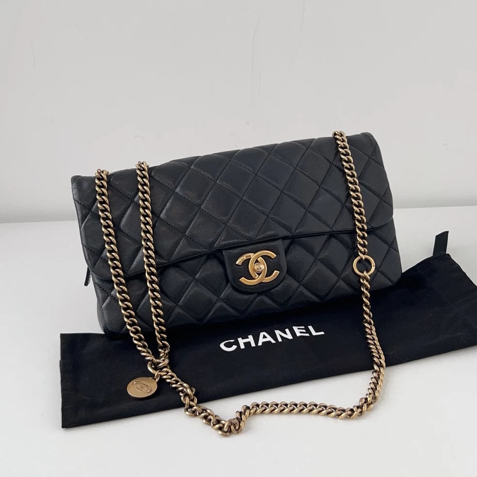 Chanel Classic Flap Jumbo Calfskin Gold Coin Chain Black Shoulder Bag Crossbody