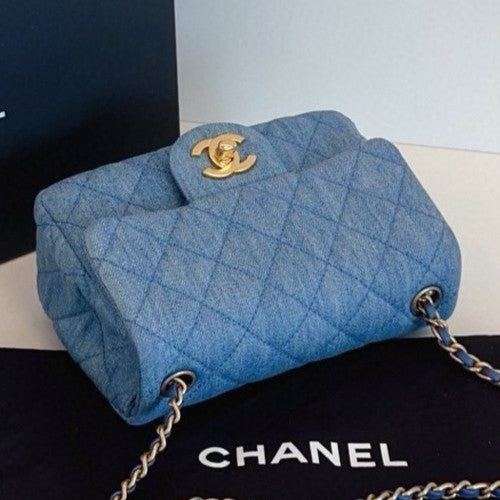 Chanel Diamond Chain Denim Shoulder Bag Crossbody Blue Gold Women Classic