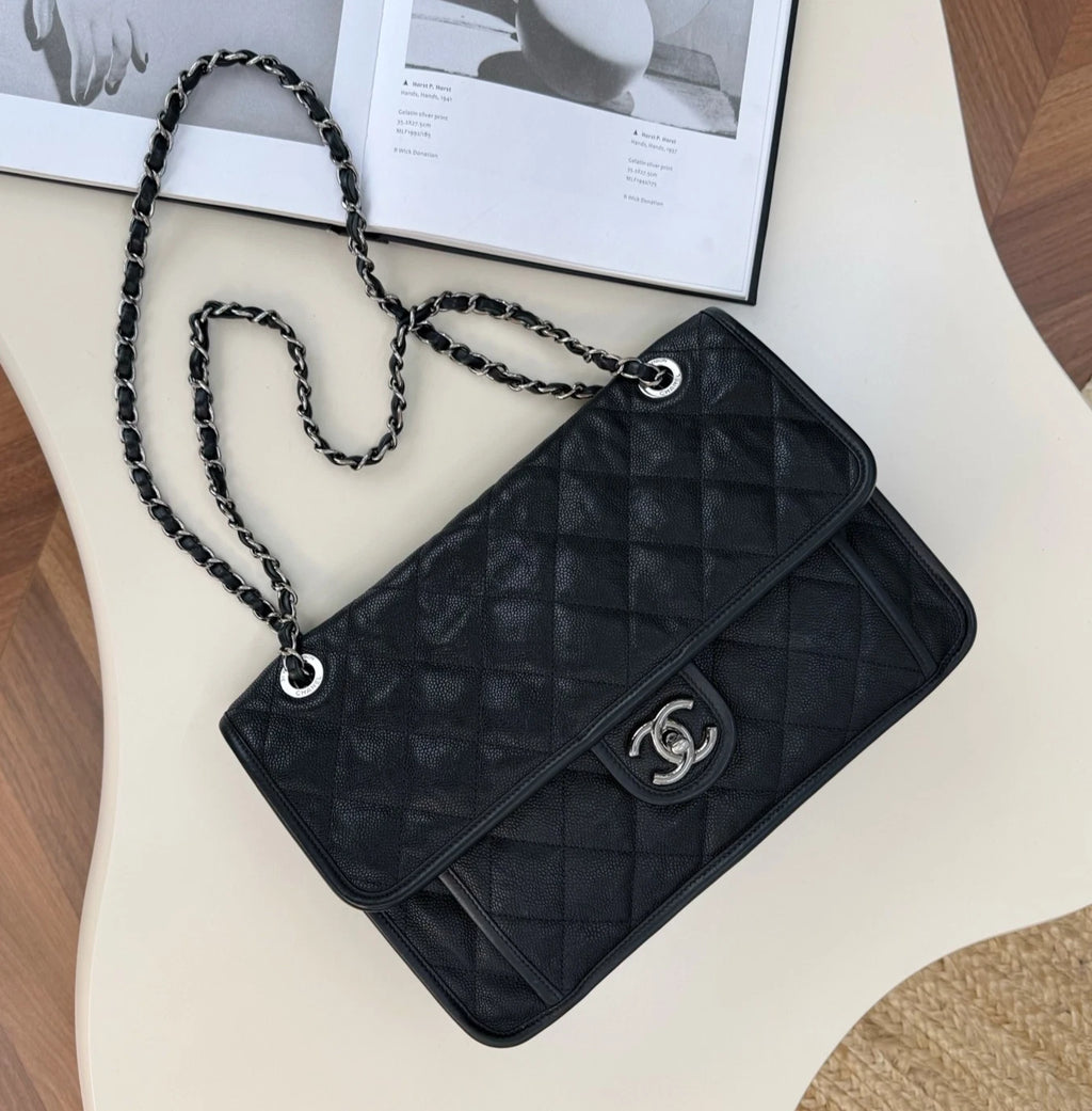 Chanel Classic Flap Chain Shoulder Crossbody Black Silver Women Diamond Fashion