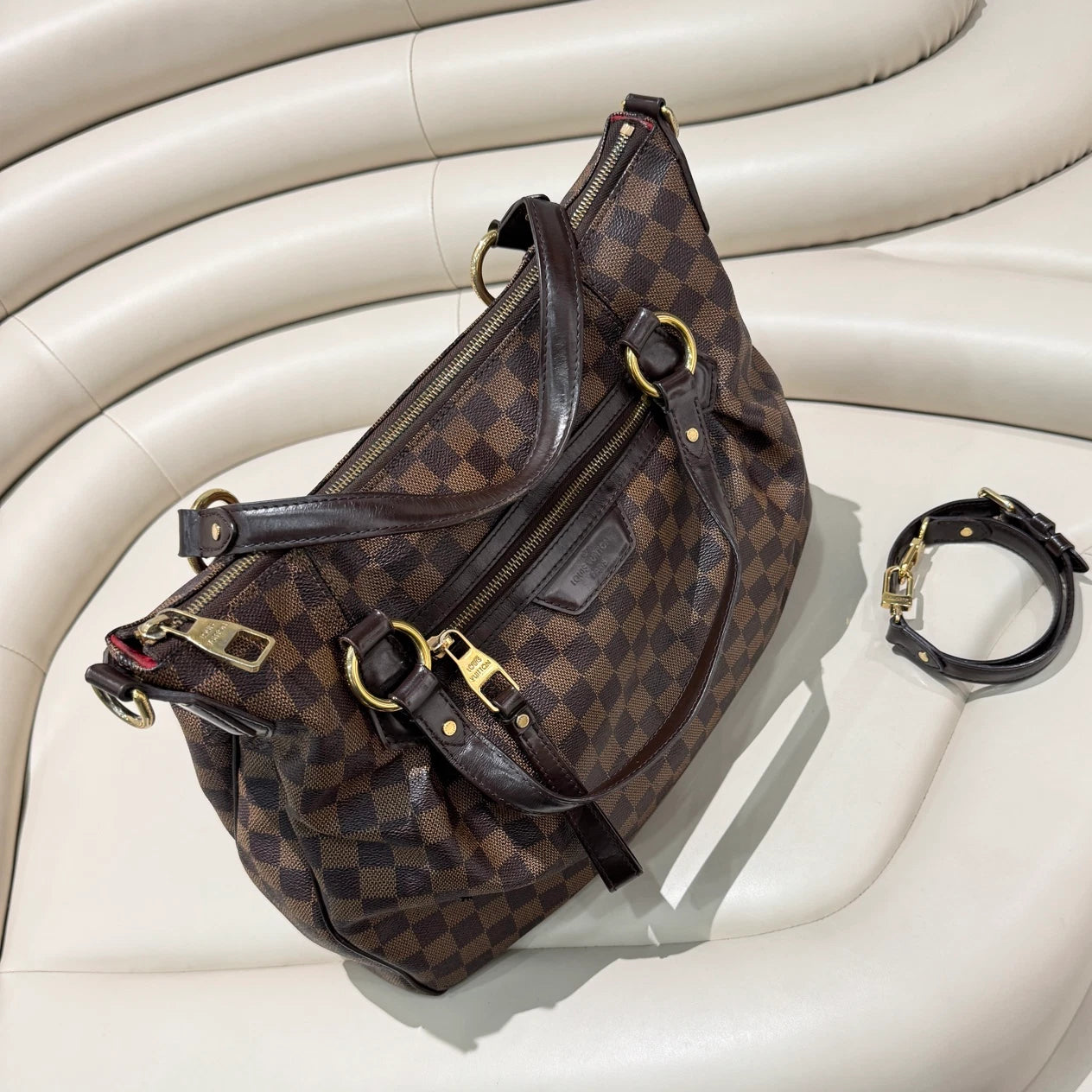 Louis Vuitton Damier Ebene Tote Top Handle Crossbody Bag Brown Women Classic