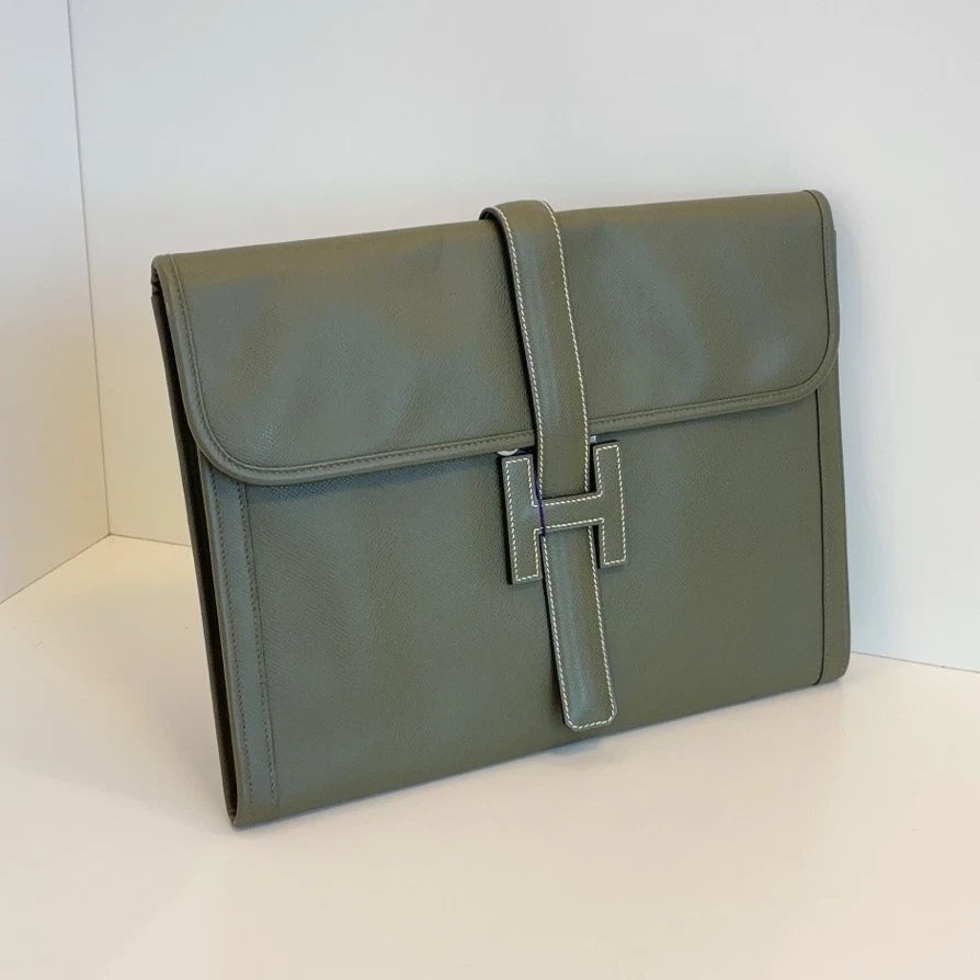 Hermes Jige Clutch Epsom Green H-Style Flap Closure Unisex Fashion