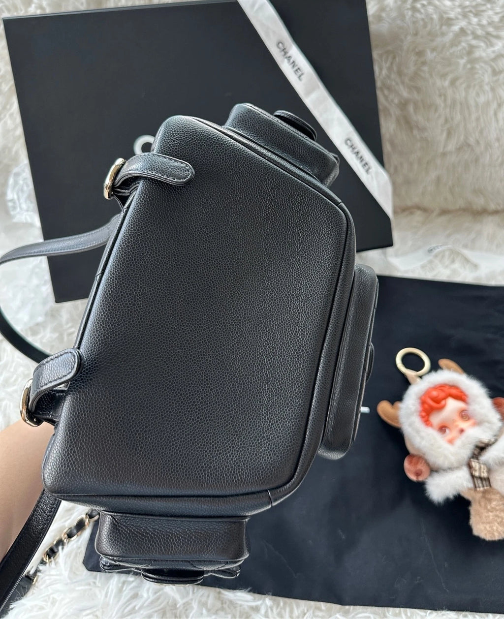CHANEL Large Black Gold Grained Leather Backpack For Women