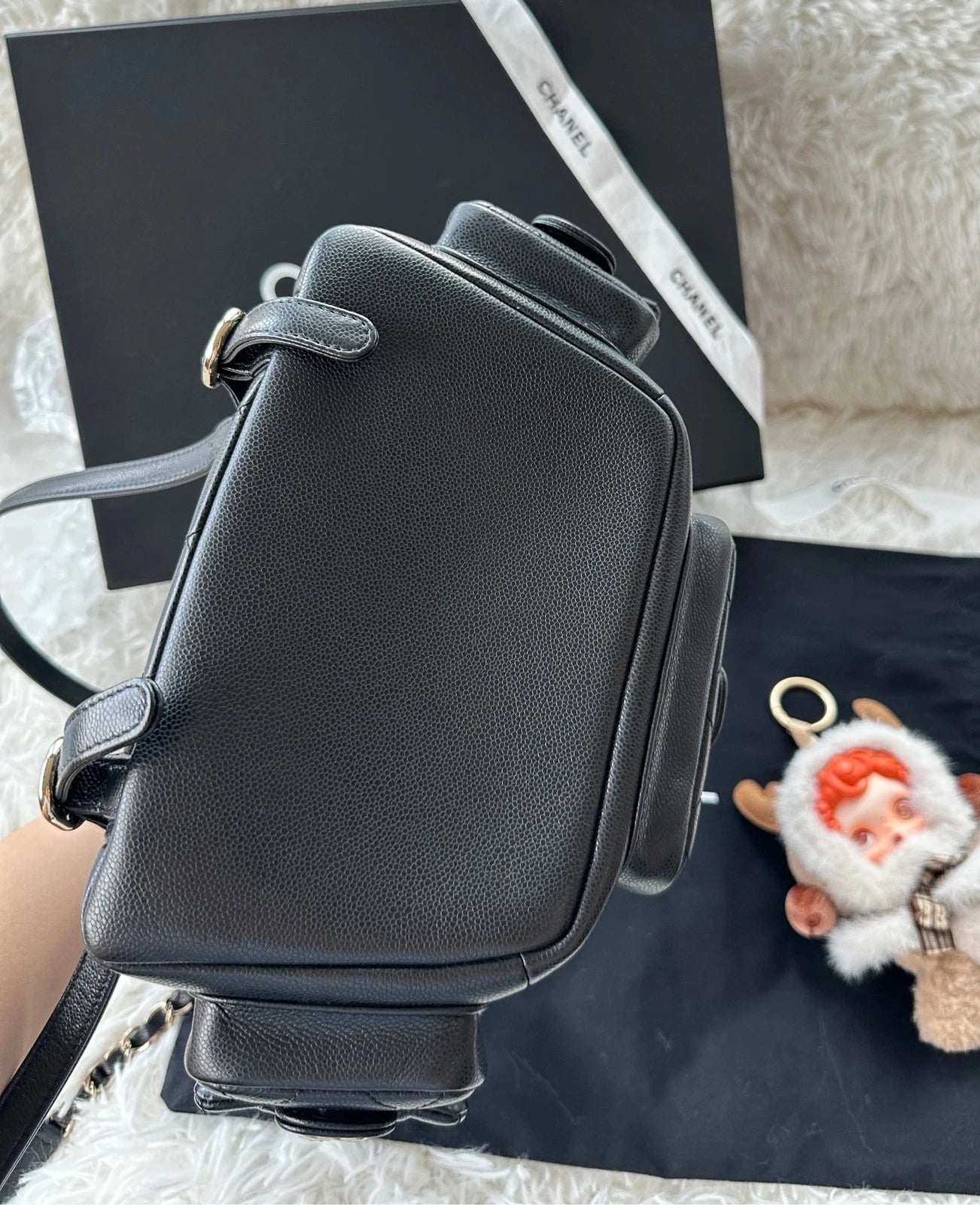CHANEL Large Black Gold Grained Leather Backpack For Women