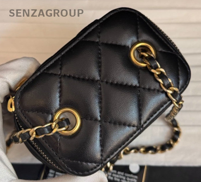Chanel Box Chain Diamond Shoulder Bag Crossbody Black Gold Women Classic