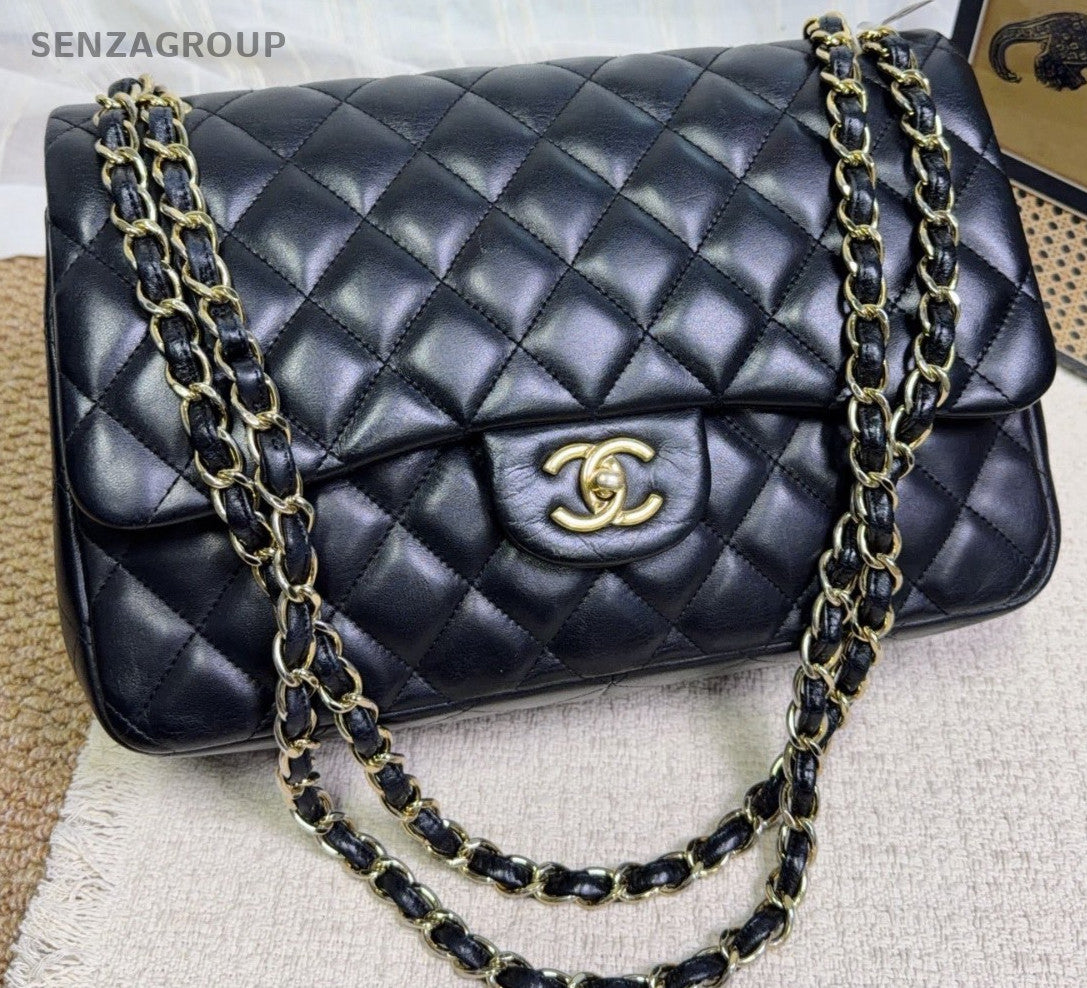 Chanel Classic Flap GM Lambskin Chain Shoulder Bag Black Gold Women Diamond