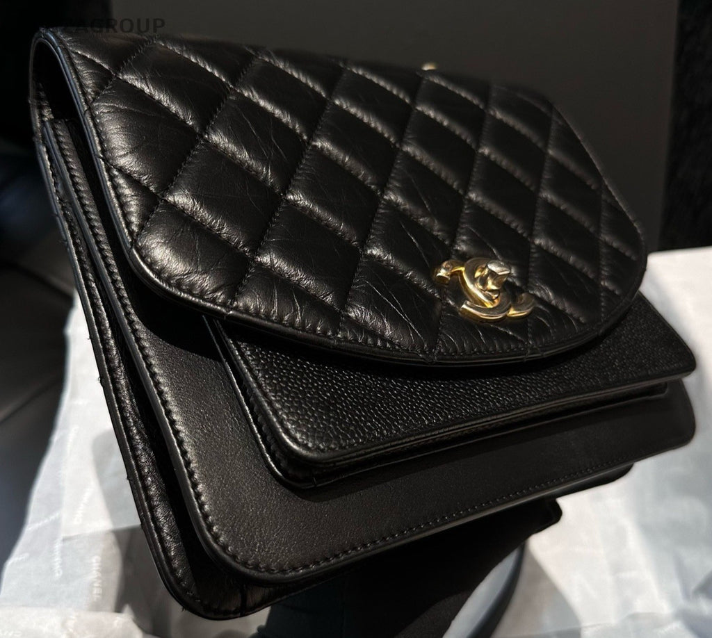 Chanel Diamond Chain Top Handle Bag Crossbody Black Gold Women Classic Fashion