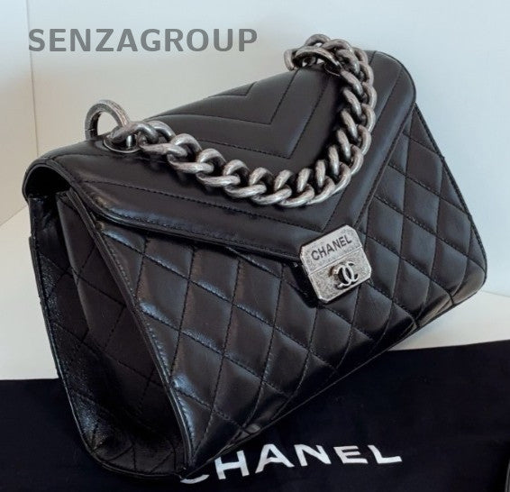 Chanel Calfskin Chain Top Handle Shoulder Bag Crossbody Black Silver Used Women