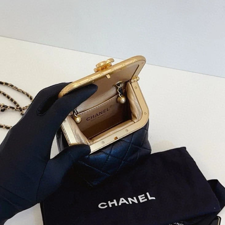 Chanel Kiss Lock Mini Chain Top Handle Crossbody Black Gold Women Classic