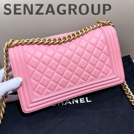 Chanel Le Boy Medium Pink Gold Chain Shoulder Bag Calfskin Quilted