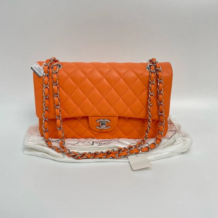 CHANEL Classic Flap Orange Lamskin Medium Shoulder Bag For Women