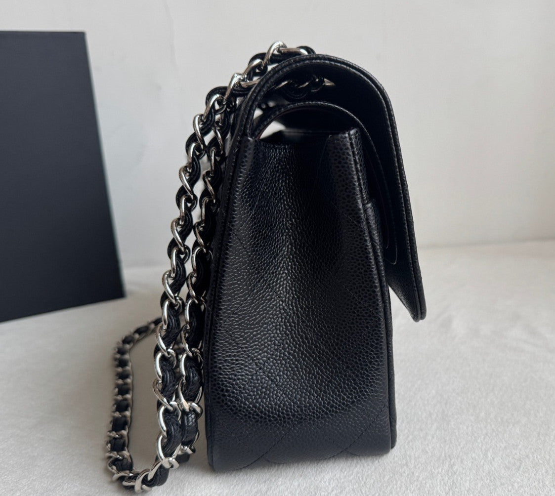 Chanel Classic Flap Jumbo Chain Shoulder Bag Crossbody Black Silver Women