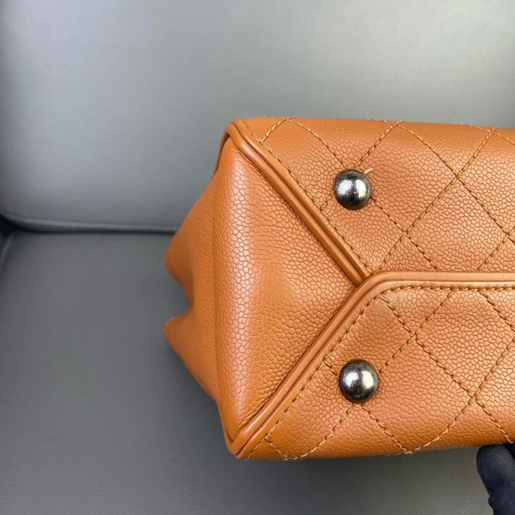 Vintage CHANEL Brown Leather Quilted Logo Tote Bag For Women
