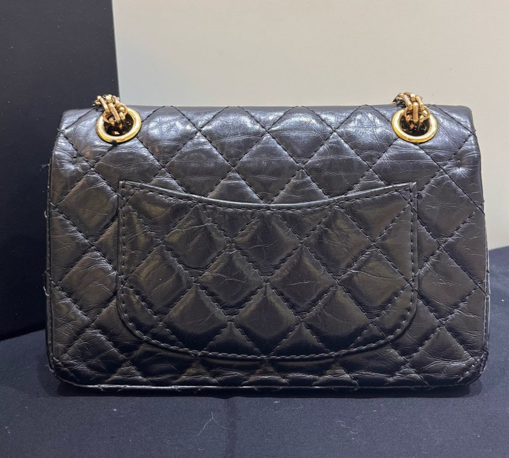 Chanel Calfskin 2.55 Mini Chain Shoulder Bag Black Gold Women Classic Diamond
