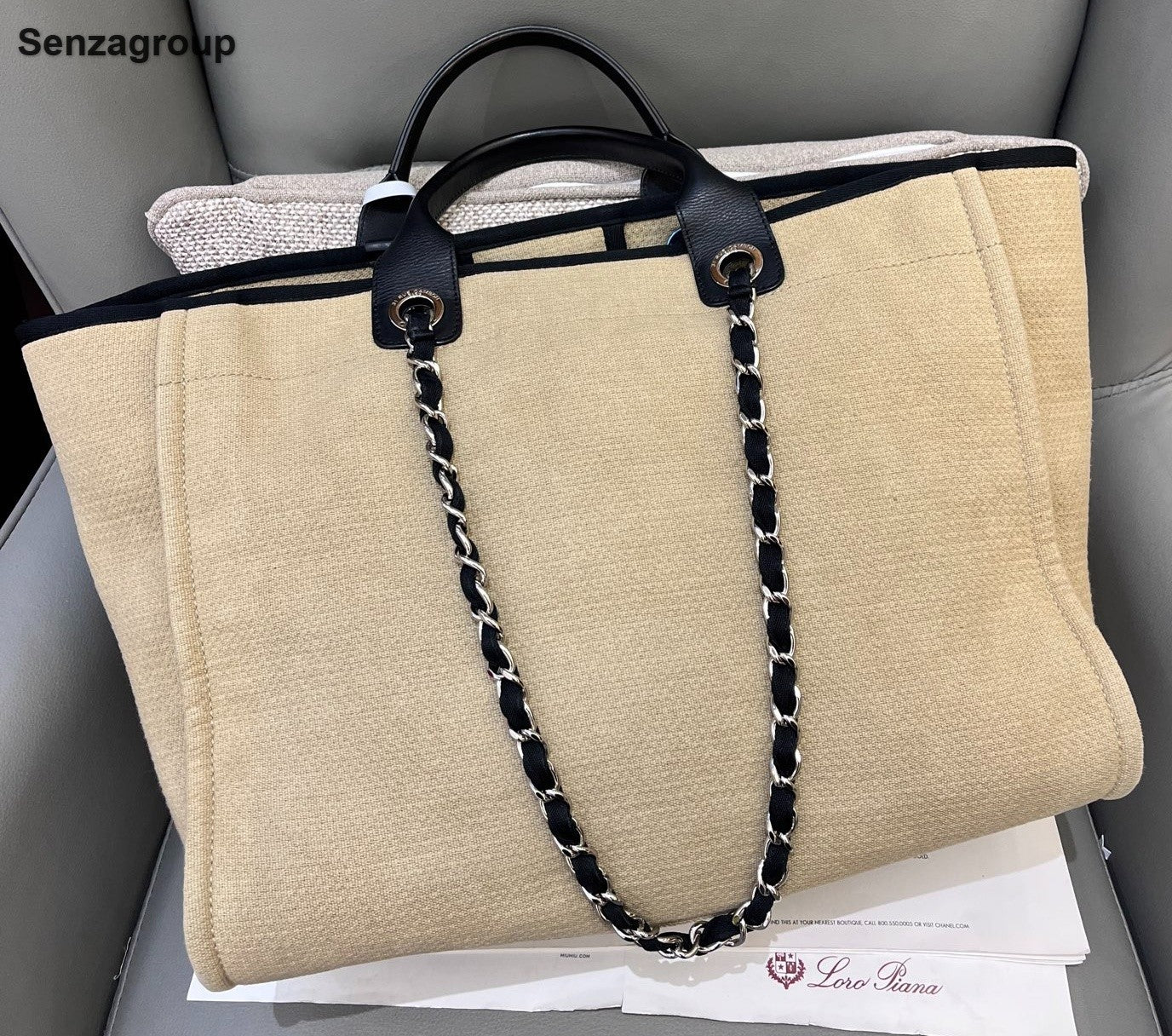 Chanel Tote Chain Beach Bag Top Handle Shoulder Bag Beige Silver Women Classic