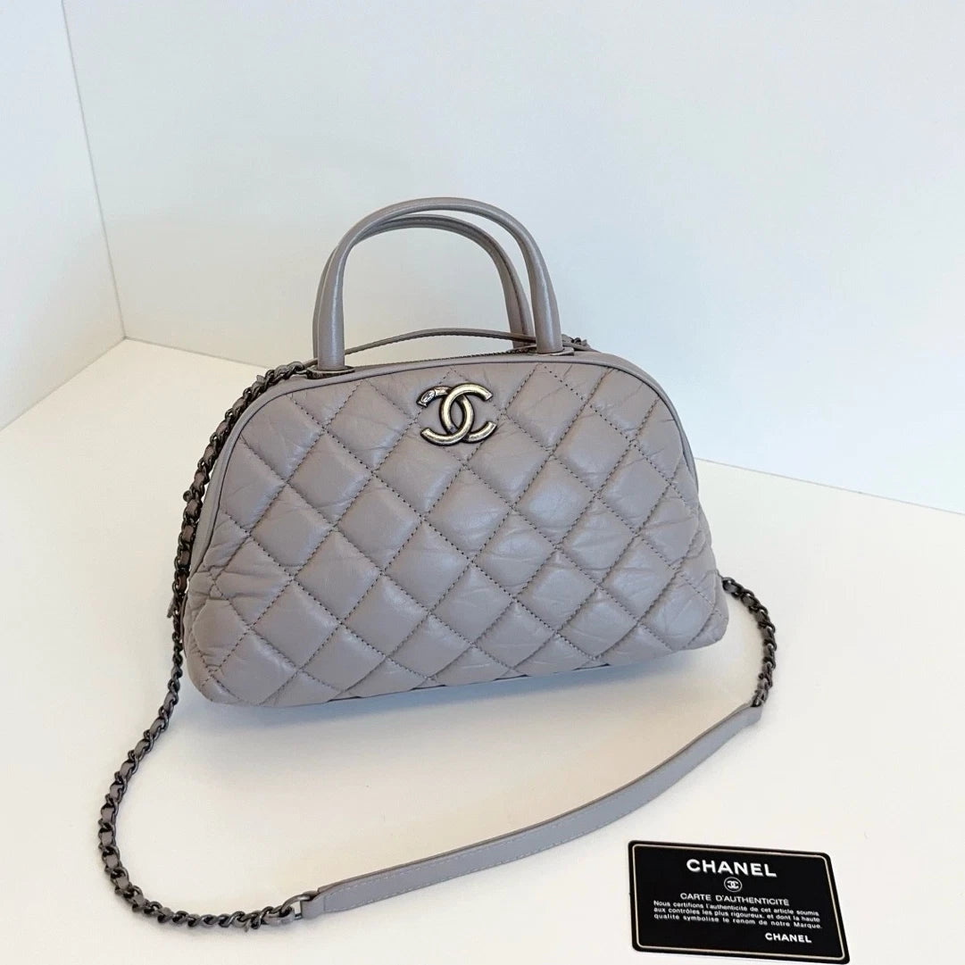 Authentic Chanel Bowling PM Chain Oil Wax Top Handle Shoulder Bag Grey SHD