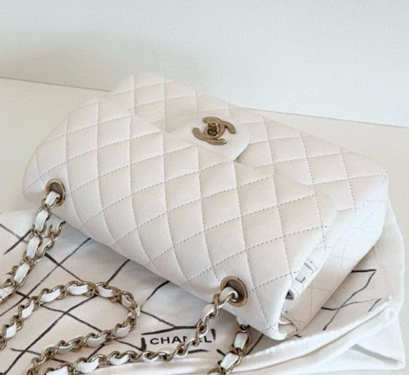 Chanel Classic Flap MM Calfskin Chain Shoulder Bag White Gold Women Fashion