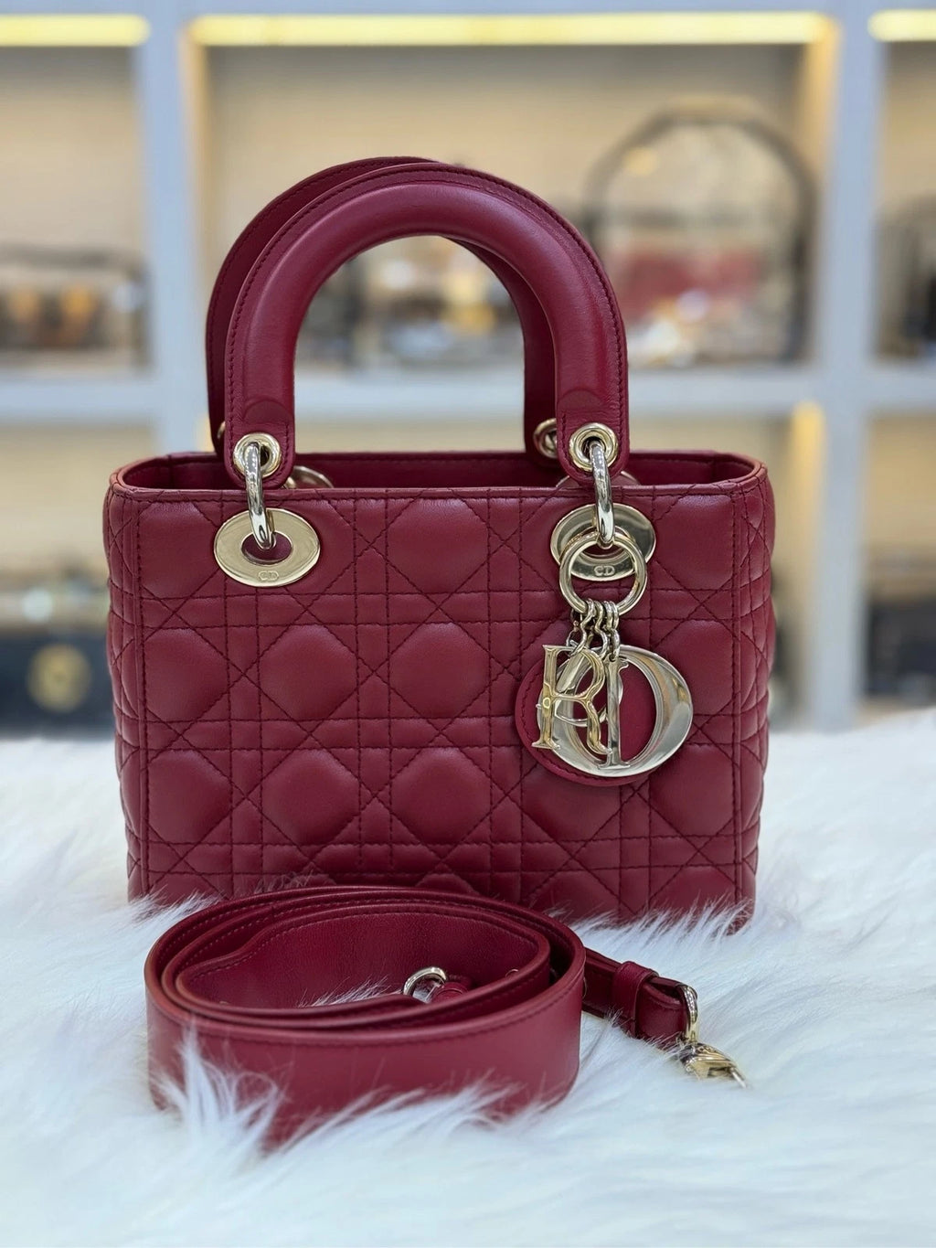 Dior Red Lambskin 4-Grid Lady Dior Shoulder Bag For Women