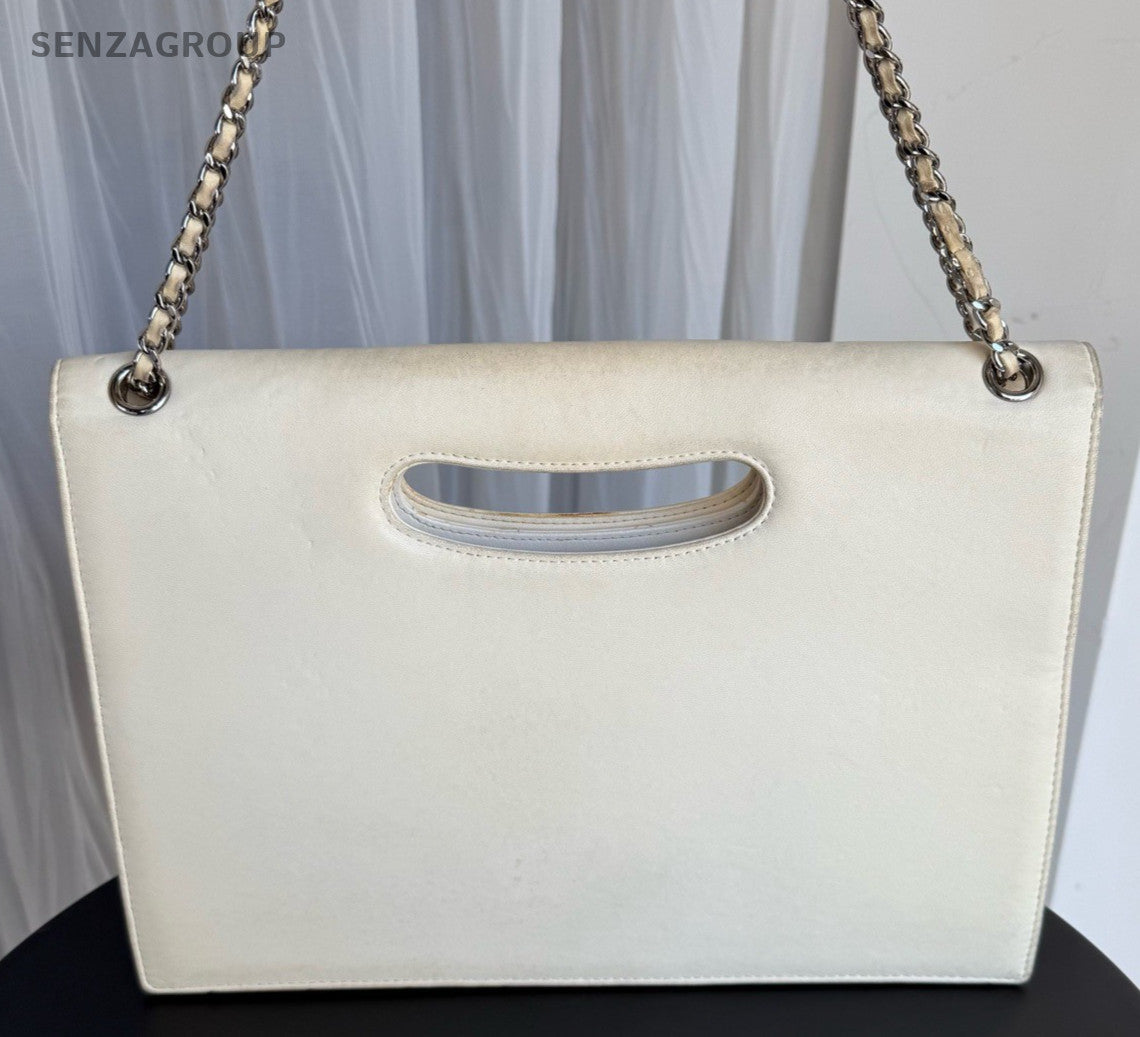 Chanel Diamond Pattern Chain Shoulder Bag White Silver Used Women Classic