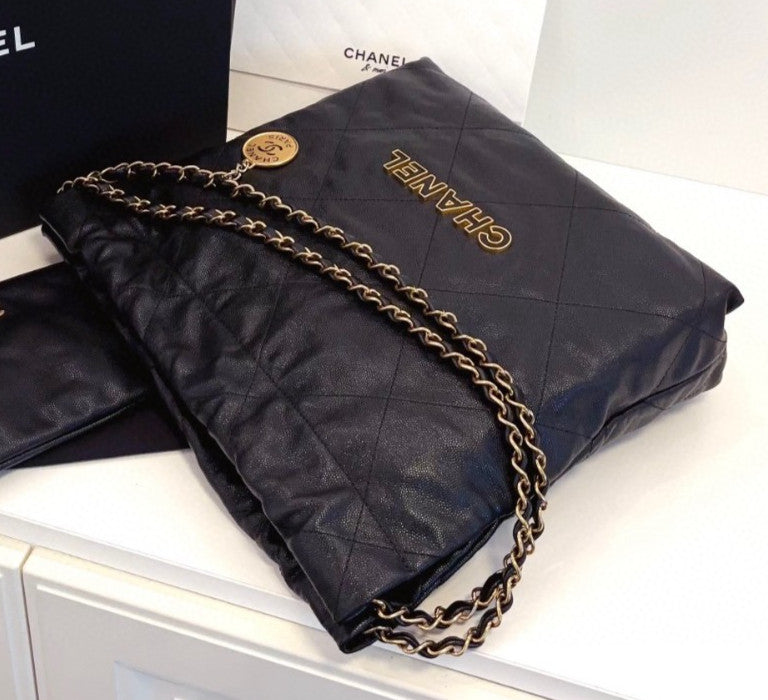 Chanel 22Bag PM Chain Shoulder Bag Black Gold Diamond Women Classic
